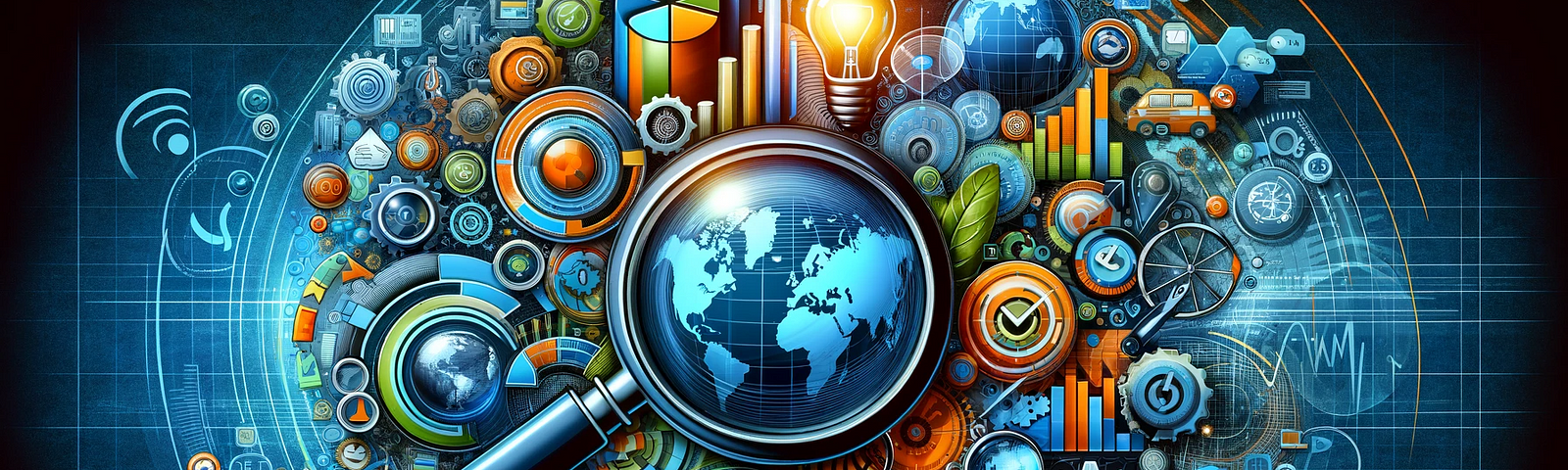 Abstract representation of Marketing Situational Analysis in digital media, featuring a collage of symbolic elements against a vibrant background. Central to the image is a globe with a magnifying glass, symbolizing global market analysis. Surrounding it are stylized icons: a pie chart, bar graph, interlocking gears, and a light bulb, denoting market research, strategic planning, and innovation, respectively.