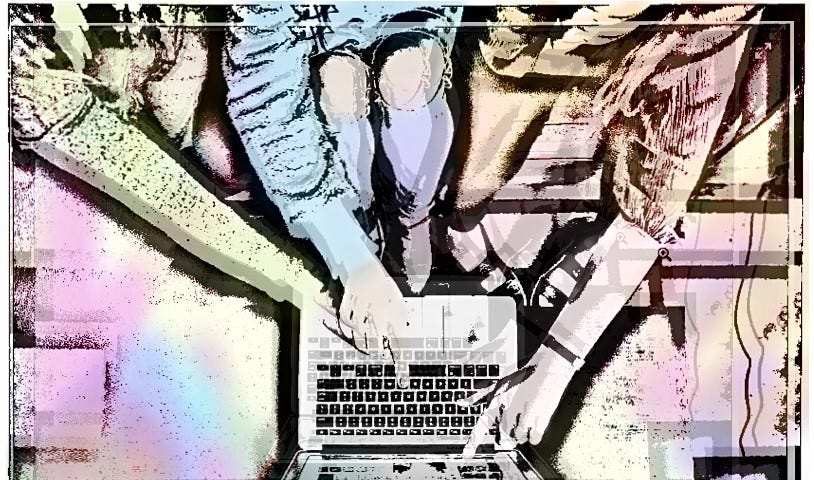 illustration of many hands pointing at a computer with light color overlay