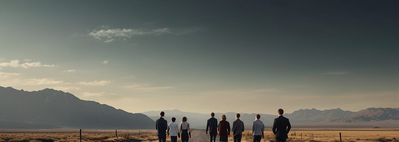 a digital art photo of a group of professionals walking on a road that goes on past the horizon