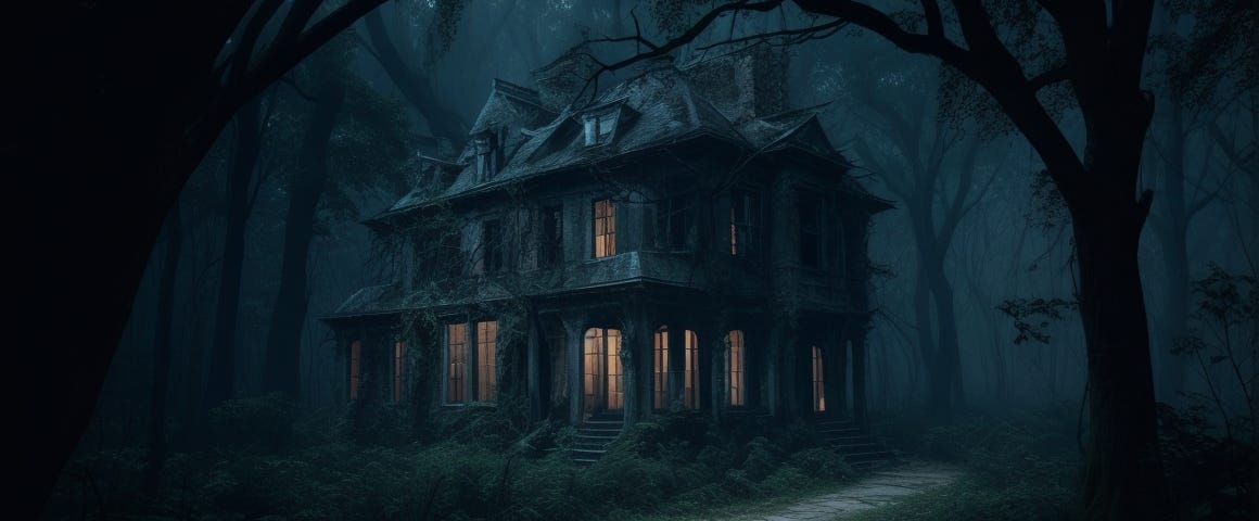 A dimly lit, decaying mansion stands at the edge of a dense forest.