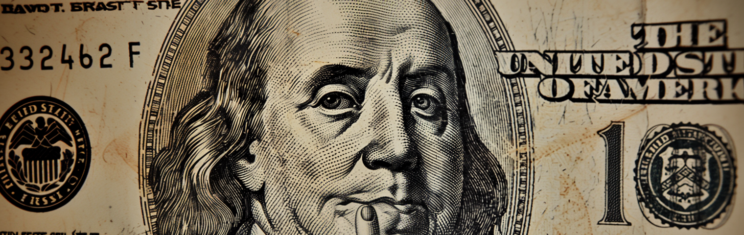 photo of a US banknote, detailed and clear, Benjamin Franklin showing his middle finger. AI image created by Henrique Centieiro and Bee Lee on MidJourney AI V6