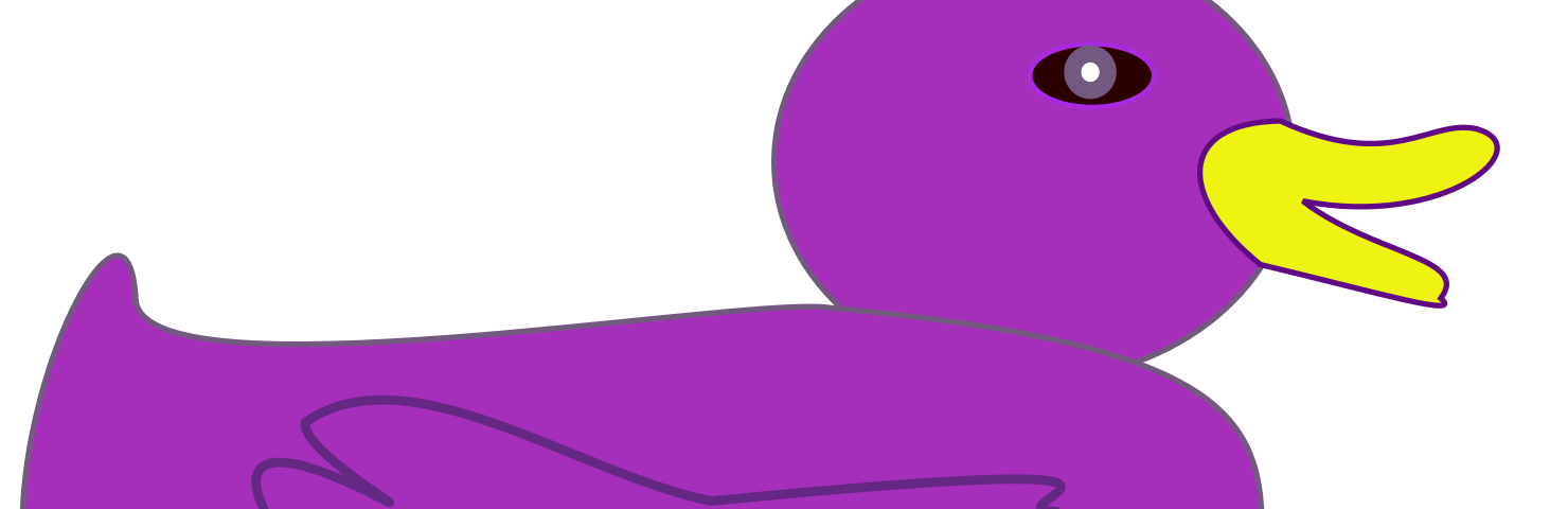 A cartoon picture of a purple rubber ducky with a yellow beak facing to the right. The words Purple Ducky are above the duck and the word Designs is underneath it. The word are also in purple.