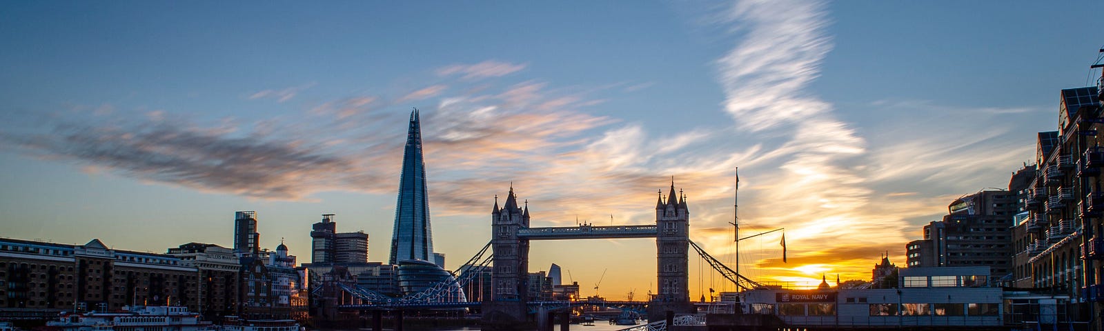 A beautiful sunset view looking over the Thames towards Tower Bridge and The Shard in London