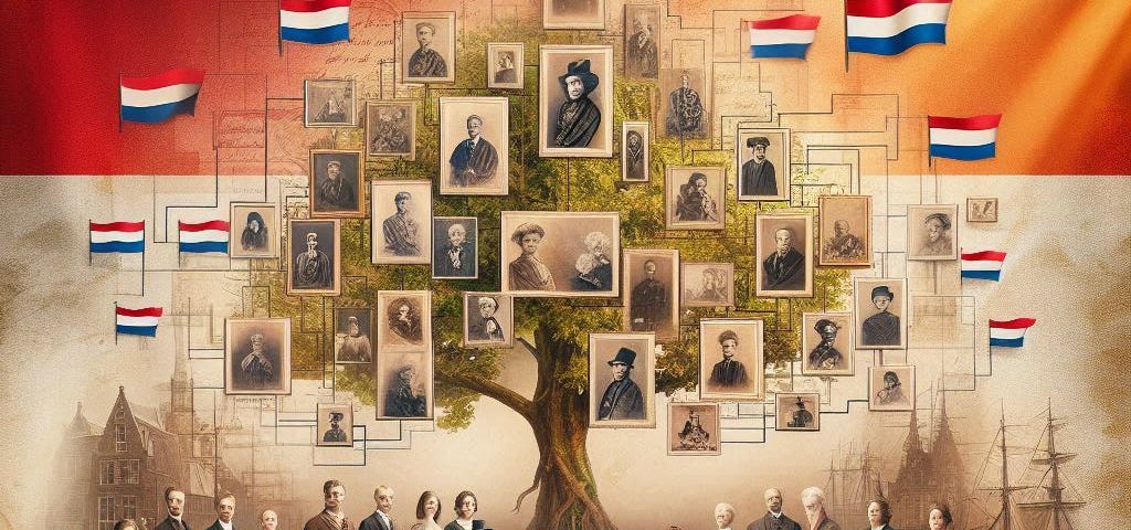 people in front of a tree with photographs with the Dutch flag as background representing Genealogy in The Netherlands