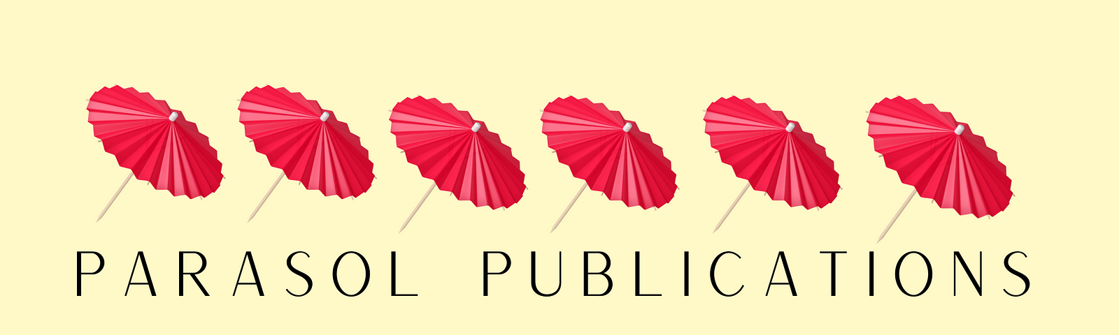 Parasol Publications page with red parasols on yellow background