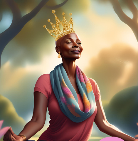 An African-American woman wearing a crown and doing yoga