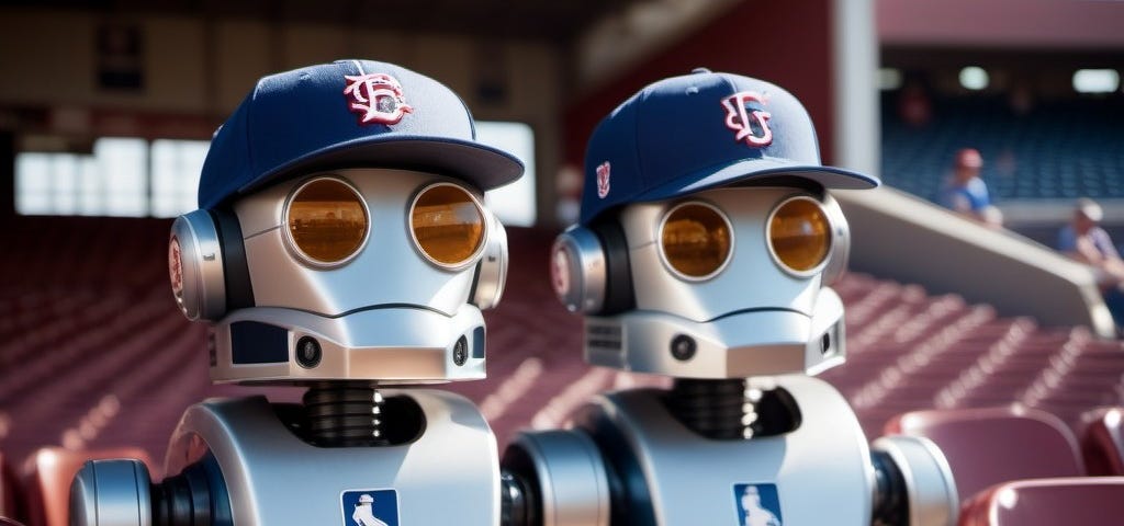Two robots watching a baseball game with hats on and popcorn.