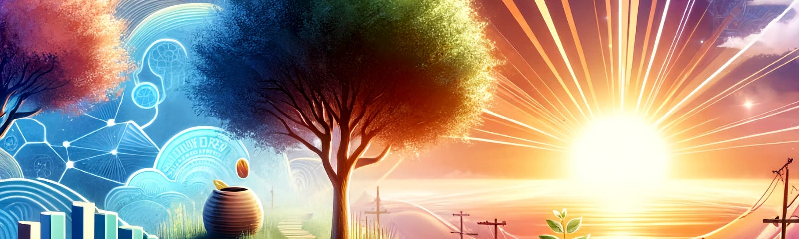 A vibrant image symbolizing the journey to financial freedom, with a path leading towards a sunrise, a flourishing tree, and a piggy bank, representing growth, stability, and prosperity.
