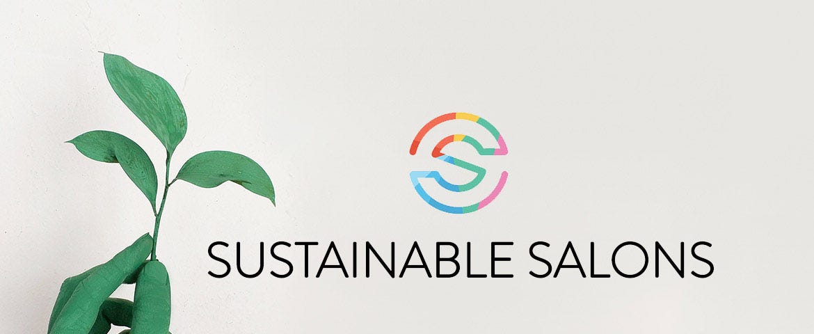 The Sustainable Salons logo, with a stylised ‘S’ outlined in a rainbow pattern. To the left of the logo is a human hand holding a three-leafed plant. The hand is coloured green from the fingertips to the bottom knuckle of each finger.