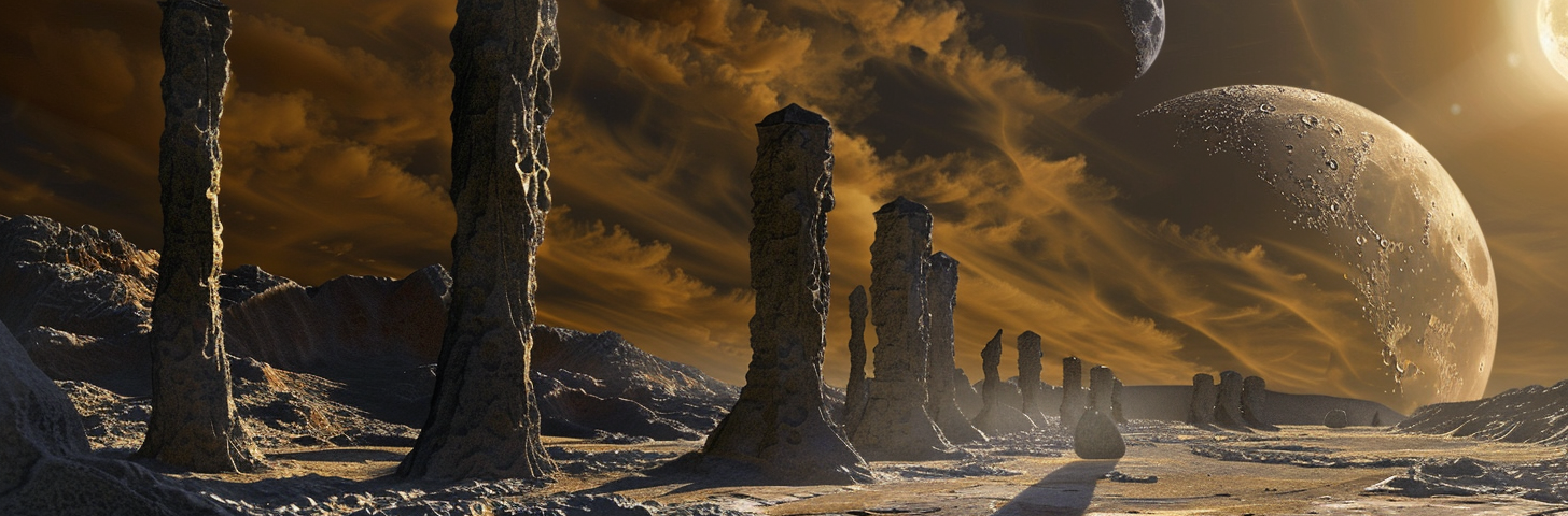 Strange Stonehenge formations on a moonscape-like planet.