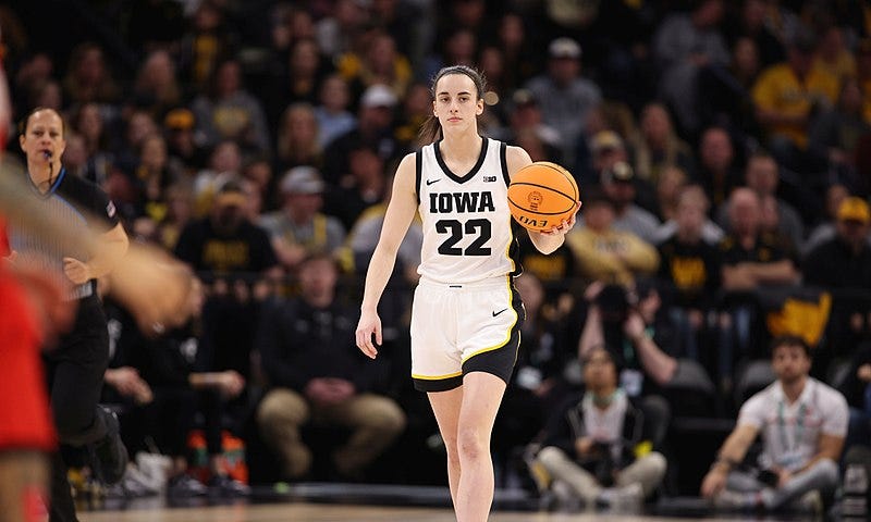 Caitlin Clark dribbling basketball in her Iowa shirt