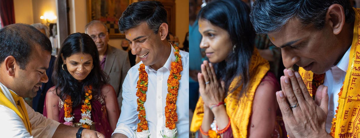Rishi Sunak with his wife, Akshata Murthy, praying in a Hindu temple in the UK. Credits: Onmanorama