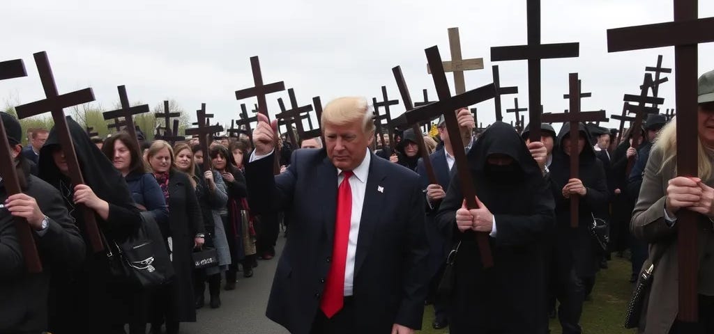 Trump followed by scores of cross bearing christians.