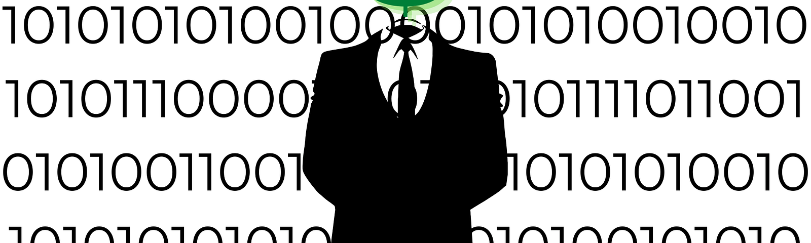 image of a suit with a dollar sign for a head with zeros and ones in the background to depict data working and making money