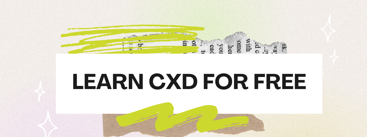 An illustration showing the title of Elaine’s article: “Learn CXD for Free.” There is also Elaine’s logo in the botom left corner. The background is very colorful and there are stars around.