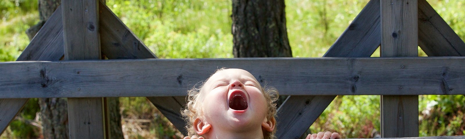 Little girl screaming with her head through the rail of a terrace.