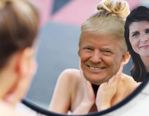 Woman looking in the mirror sees Donald Trump and Nikki Haley.