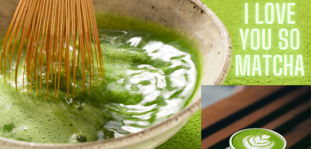 mixing matcha powder with whisk on left, lower right: matcha latte: upper right: “I Love You So Matcha.” It Only Took Seven Anguished Years to Replace Coffee with Matcha by Nancy Blackman, food, herbal health, health