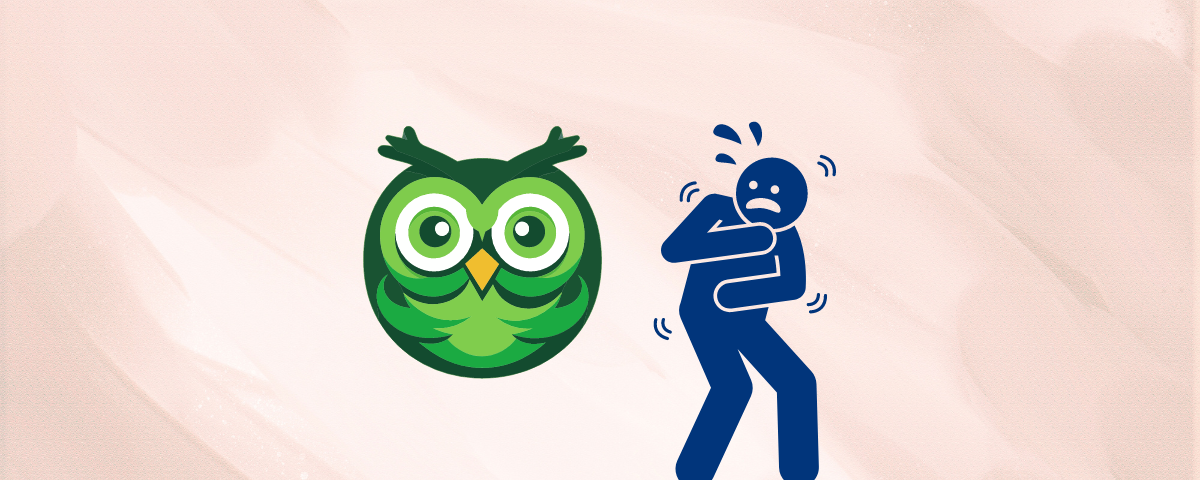 A blue caricature of a person being scared of a green owl