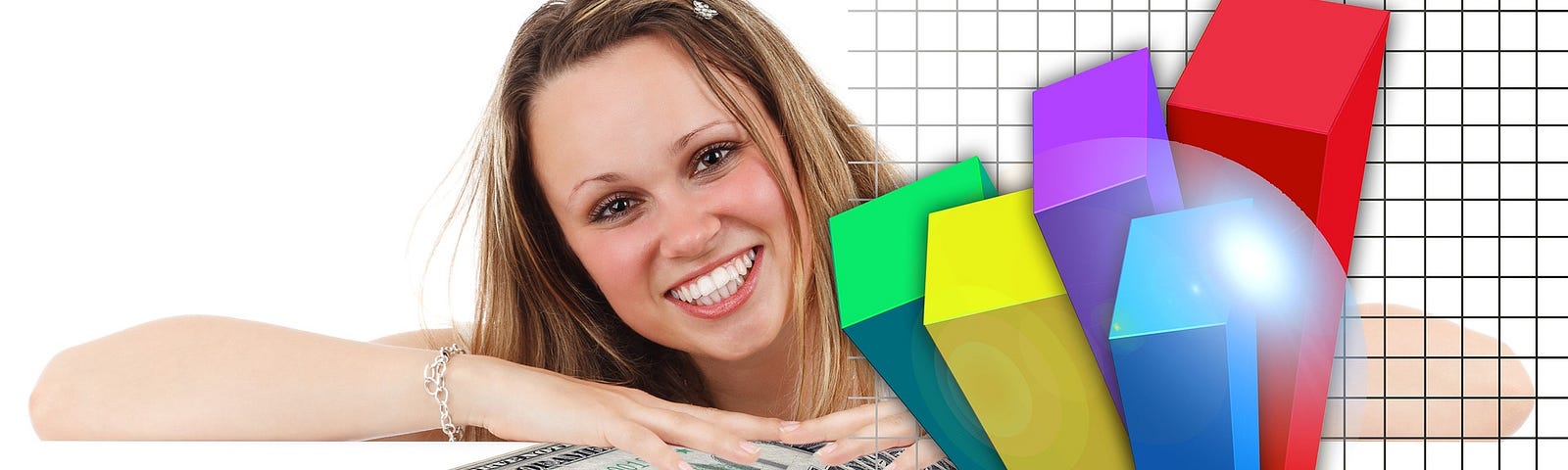 Cash spread out with bar graph and smiling woman