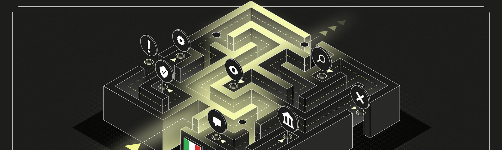 A dark grey illustration depicting a labyrinth. 2 yellow arrows point to the entrance and the path through is highlighted in yellow. To the right of the entrance we see an Italian flag, and there are several markers that hover above the mazes to indicate locations and different aspects of the Qonto product, for example a building icon, an exclamation point, a chat bubble, etc.