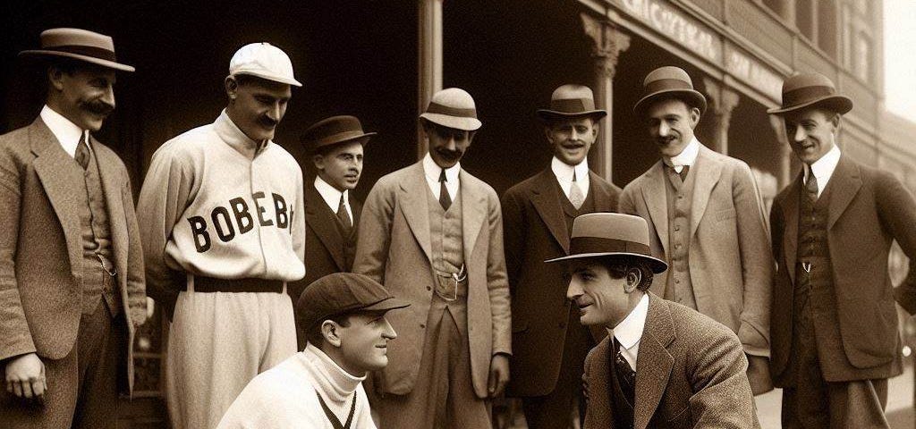 A baseball player is sitting on his haunches with a gentleman in a suit surrounded by a few men standing around them.