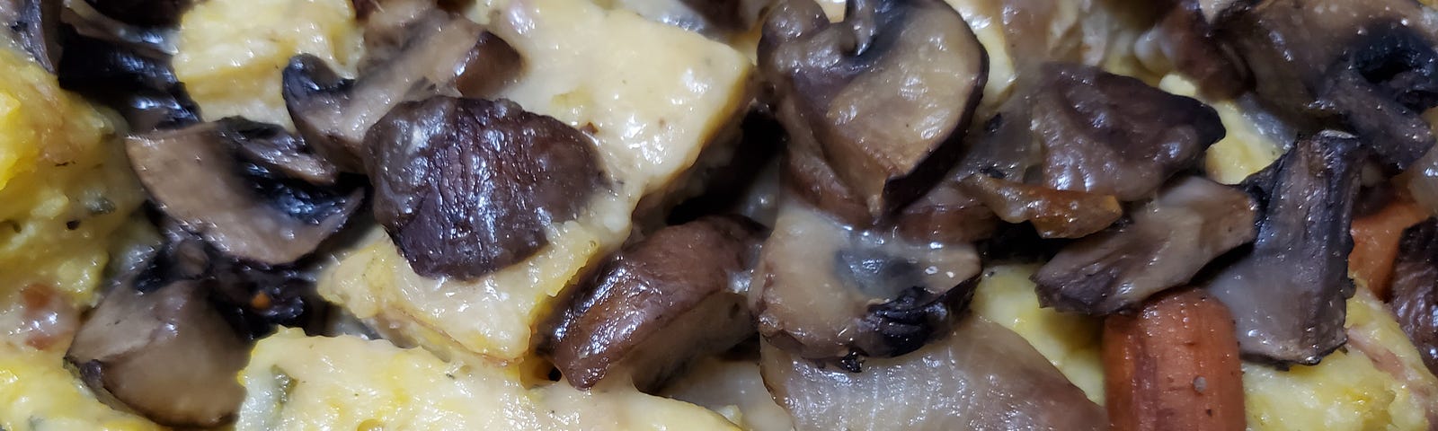 Close up of cubed polenta with sliced mushrooms, caramelized onions and baby carrots.