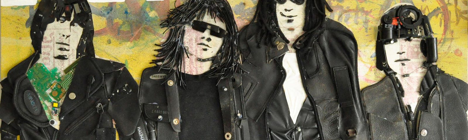 Relief art of Ramones in jeans and leather jackets made of fabric, wool and found objects.