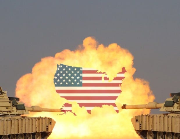Two M1A2 Abrams Tanks pointing at a burned US flag shaped like the US.