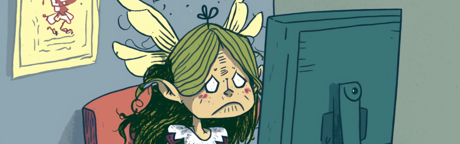 A sad fairy peers into a computer screen. Her hair is frazzled, and a single buy sprouts from the top of her head like a weed. A poster hangs on an otherwise empty wall.