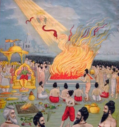 The ritual of snake sacrifice performed by Janamejaya as Astika tries to stop it.