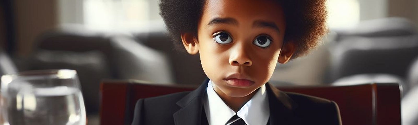 Young black boy in a suit and tie sitting at Thanksgiving table with long look on his face