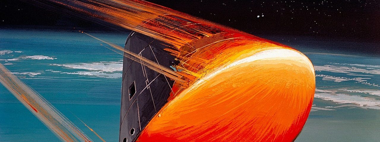 A North American Rockwell Corporation artist’s concept depicting the Apollo Command Module (CM), oriented in a blunt-end-forward attitude, re-entering Earth’s atmosphere after returning from a lunar landing mission. Note the change in color caused by the extremely high temperatures encountered upon re-entry.