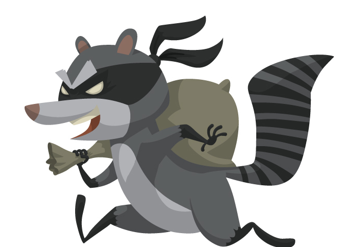 Image: A drawing of a raccoon running off with a sack of ill-gotten goods.