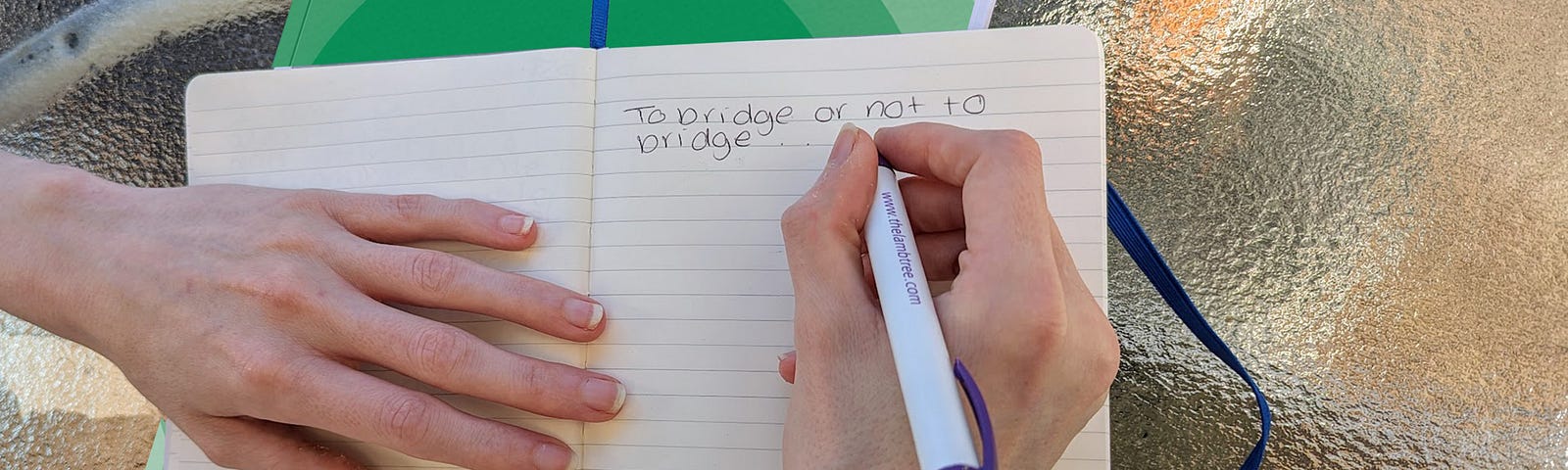 A writer writes in her notebook “To bridge or not to bridge”.