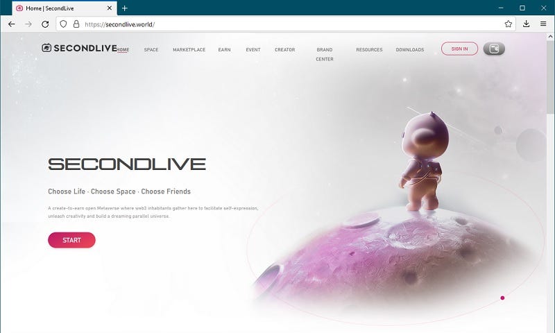 Home page of the SecondLive project with a pink child-like avatar standing on top of a pink planet.