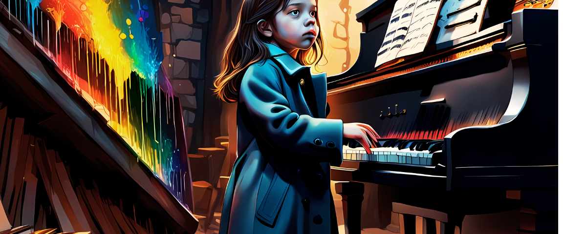 An autistic little girl in a cellar next to a piano.