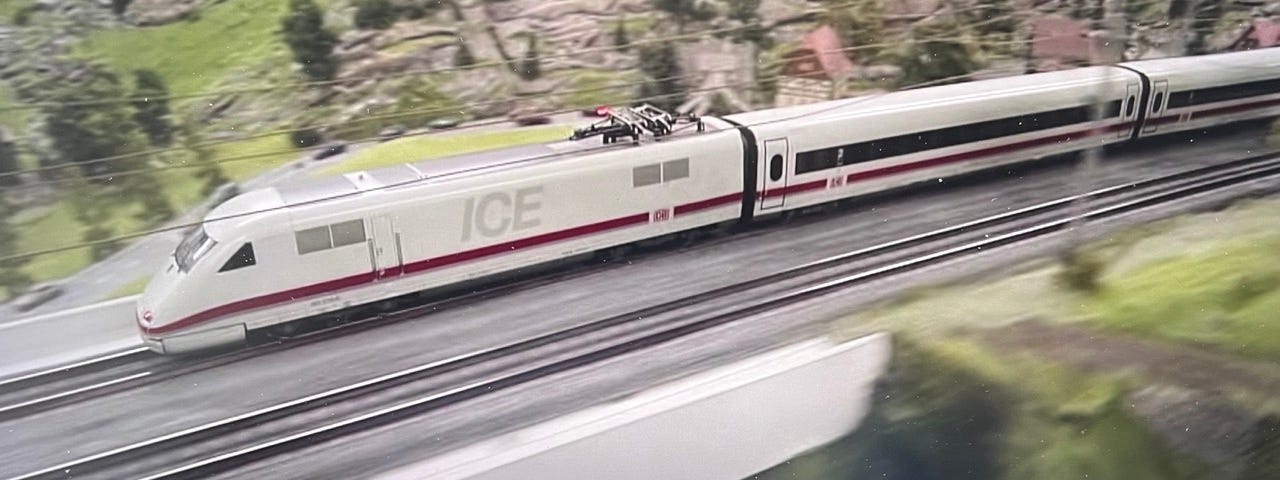 A model railroad reproduction of the ICE (Intercity Express Train) located in Europe.
