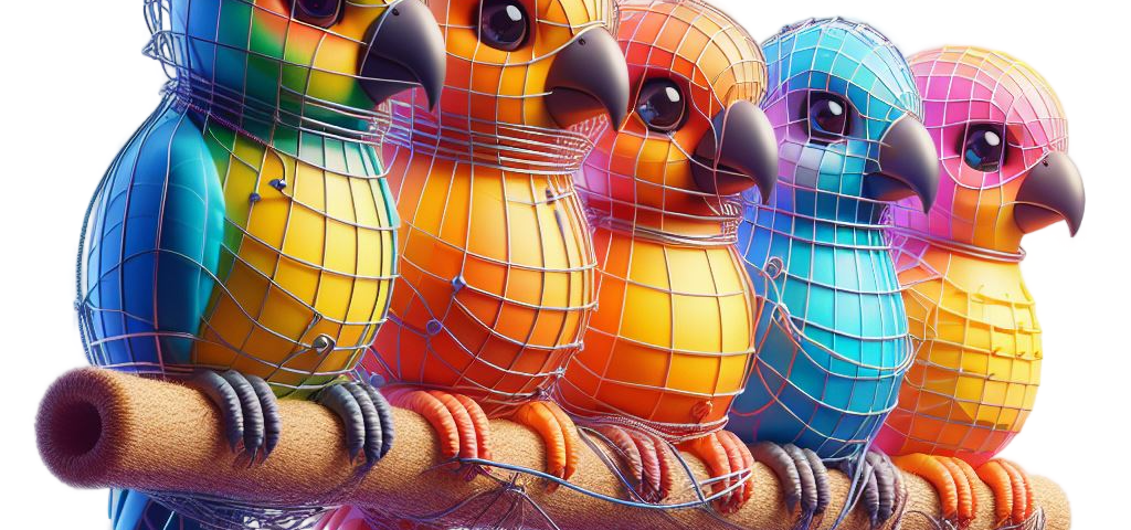 Colorful parrots on a stick behind held by chains and wire.