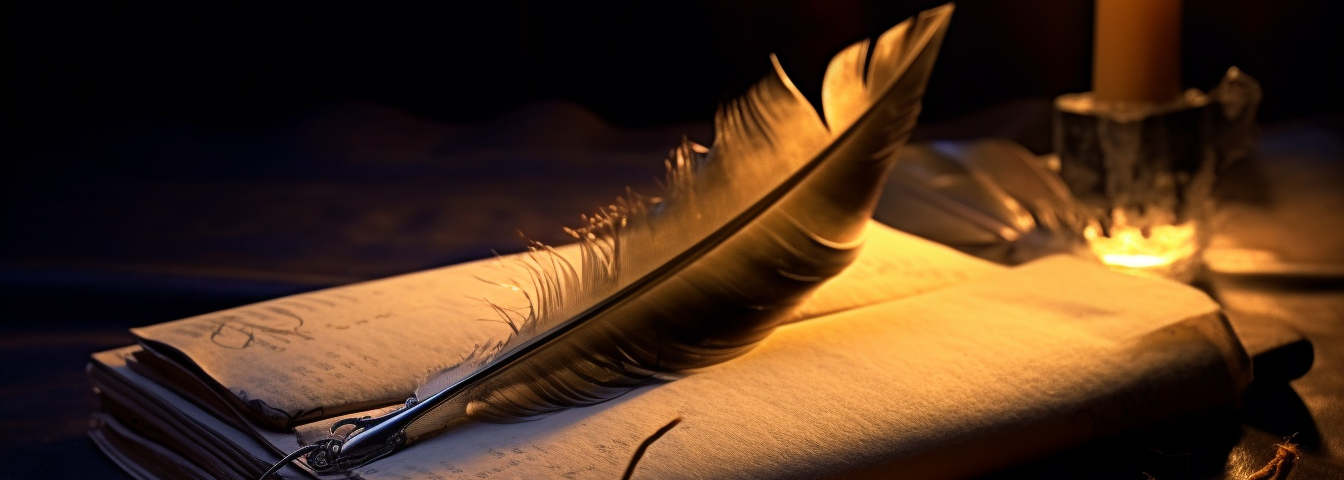 A feather or quill on a pile of papers