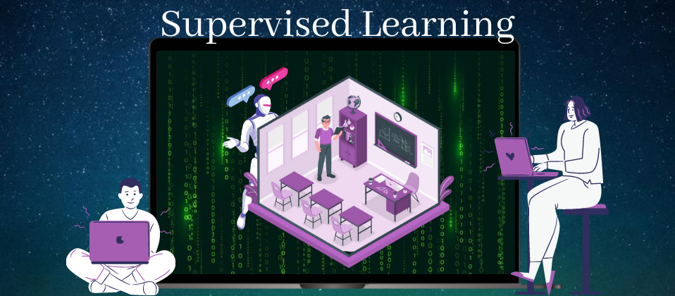 Depicts a classroom setup resembling to concept of supervised learning.