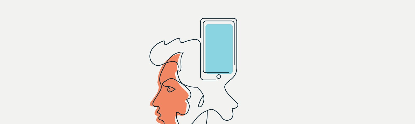 A simple, line drawing illustration of a human head and mobile phone as one.