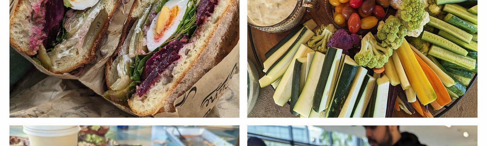 a grid of four food images. top left is a beet and egg sandwich, top right is a vegetable crudite platter, bottom left is two margaritas on a table, and bottom right is three smoothies from Erewhon