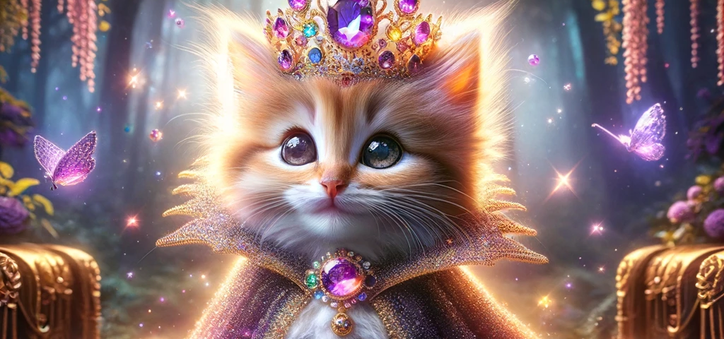 A softly-lit, wide-eyed kitten, bedecked in crown, robe, and jewels, sitting quietly in a splendid garden.