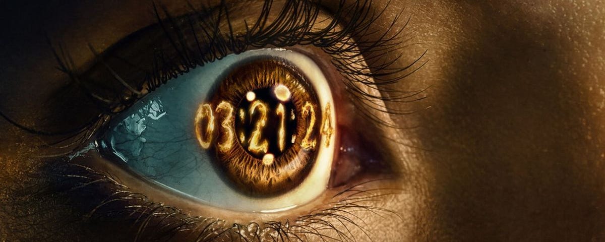 3 Body Problem promo image showing the MC Auggie Salazar. Her eye is shown up close and the numbers 03:21:24 are depicted on it.