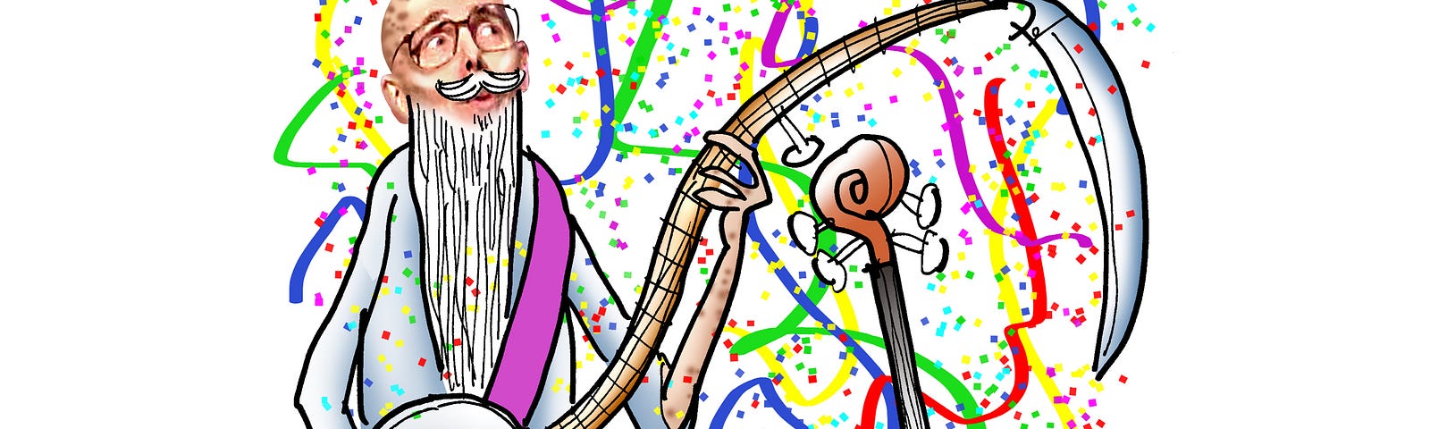 Old man and baby, both with illustrator Mark Armstrong’s face. Old man playing banjo with neck that morphs into a scythe. Baby playing standup bass with embedded hourglass. Confetti and streamers falling around them. Text above them says “Happy New Year!”