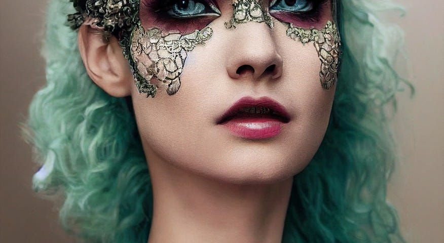 A female villian, dressed to kill in her green hair and face alterating tattoos.