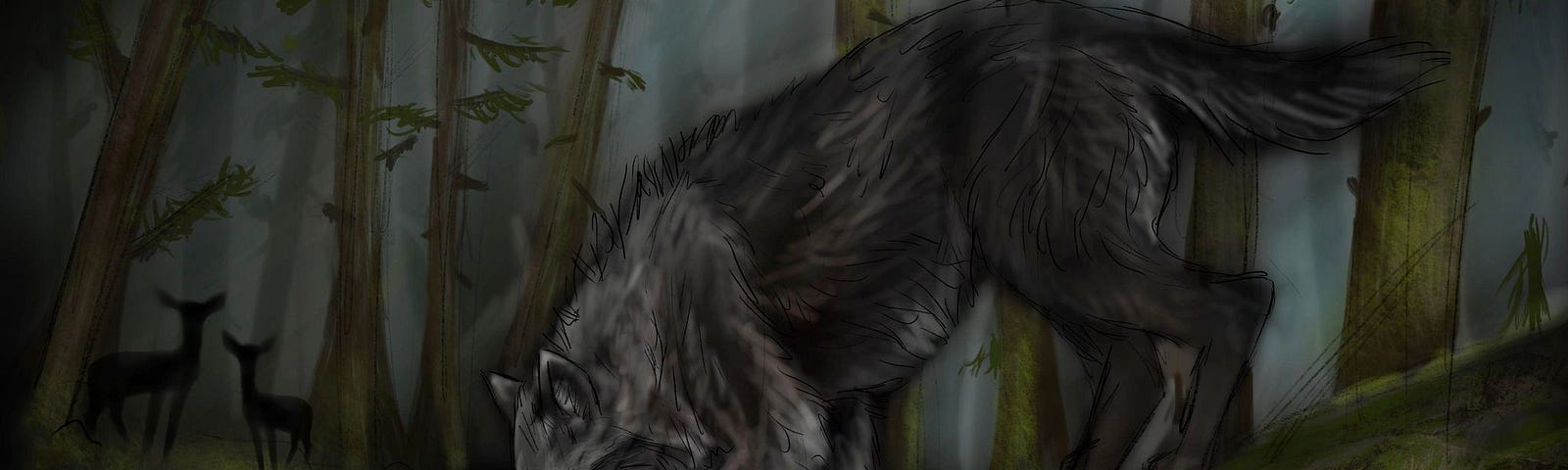 a digital drawing of a wolf eating a salmon in a thick forest