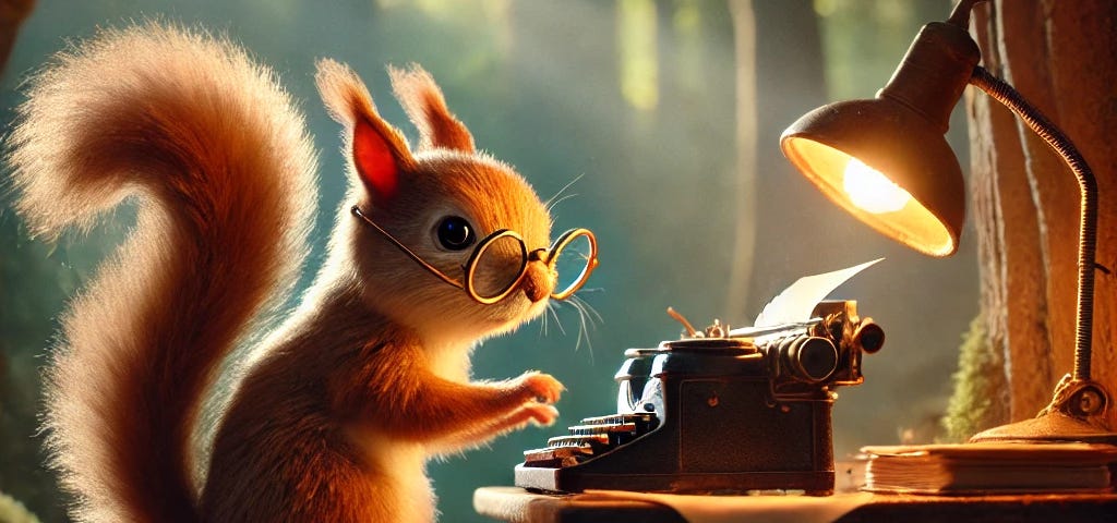 A squirrel writing on a typewriter. There’s a lamp on the desk and the scene takes place in the woods.