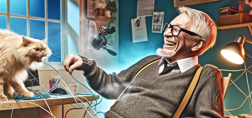 A cheerful older man in his 50s sits at a desk filled with modern gadgets, such as a laptop and tablet, in a well-lit, cozy office. He shares this space with a mischievous cat causing chaos around him — playing with a computer mouse, knocking over items, and getting tangled in cables. Despite the playful havoc, the man laughs heartily, embracing the blend of traditional wisdom with the digital age’s opportunities. The scene radiates warmth, highlighting their unique bond and the man’s enjoyment